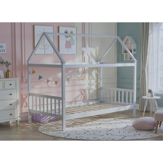 Sunvega Twin Rubber Wood House Bed with Headboard and Footboard in Light Grey