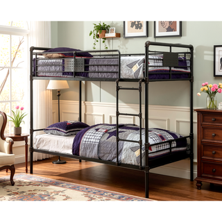 Sunvega Industrial Style Twin Over Twin Bunk Bed with Attached Ladder and Guard Rails