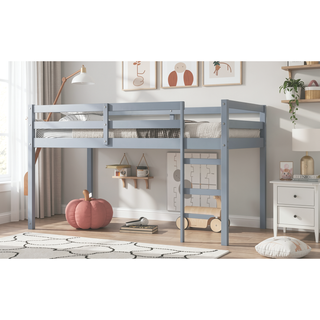 Sunvega Espresso Rubber Wood Low Height Loft Bed with Ladder for Bedroom