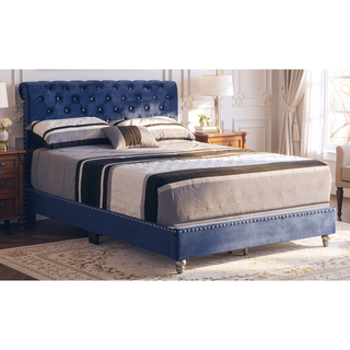 Sunvega Transitional Navy Blue Upholstered Full Bed with Tufted Details