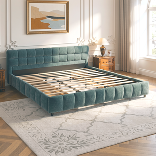 Sunvega Modern King Size Upholstered Bed with Storage Drawers and Soft Chenille Fabric