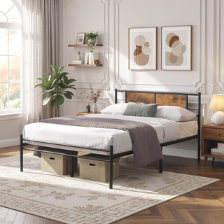 Sunvega King Size Metal Bedframe with Wood Panel Headboard and Under Storage