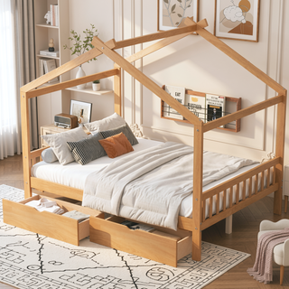 Sunvega Natural Wood Full Size House Platform Bed with Two Storage Drawers