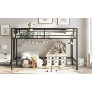 Sunvega Twin Size Metal Loft Bed with Storage Shelf and Safety Guardrails for Kids