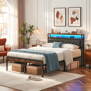 Sunvega Queen Size Metal Platform Bed Frame with Adjustable Upholstered Headboard and LED Lights