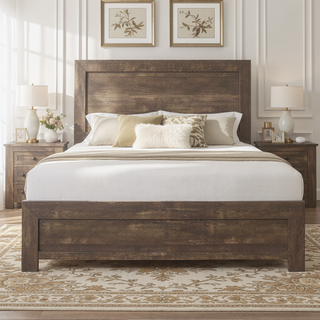 Sunvega Rustic Brown Finish Full Size Panel Bed with Headboard and Footboard