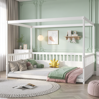 Sunvega Full Size Canopy Floor Bed Frame with Guardrails for Kids Boys Girls