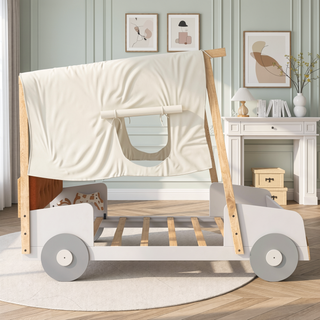 Sunvega Full Size Car Bed with LED Lights, Pillow, and Sturdy Wood Frame for Kids