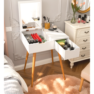 Sunvega Makeup Vanity Table with 3-Color LED Mirror and 2 Drawers for Bedroom