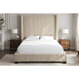 Sunvega Queen Upholstered Pleated Bed in a Box with Sturdy Dark Brown Frame