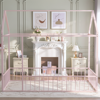 Sunvega Full Size Playhouse Metal Bed Frame with Fence for Kids and Teens
