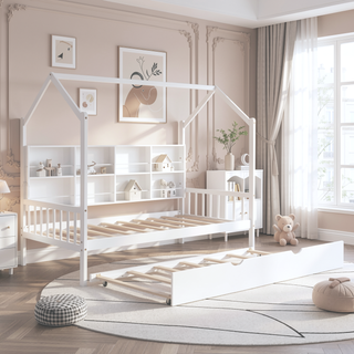Sunvega Wooden Twin Size House Bed with Trundle and Playhouse Design Shelf