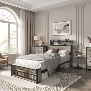 Sunvega Twin Bed Frame with LED Headboard Charging Station Storage and No Box Spring