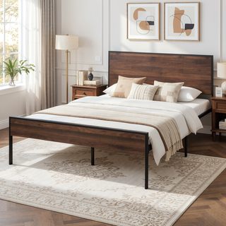 Sunvega White Oak Metal and Wood Platform Bed with Headboard and Footboard for King