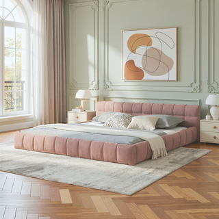 Sunvega Grounded California King Upholstered Bed Frame with Soft Chenille Fabric Headboard