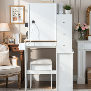 Sunvega Small Space Left Bedside Cabinet Vanity Table with Cushioned Stool and Sliding Mirror