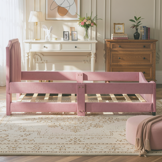 Sunvega Twin Size Upholstered Daybed with Stripe Headboard for Kids Bedroom