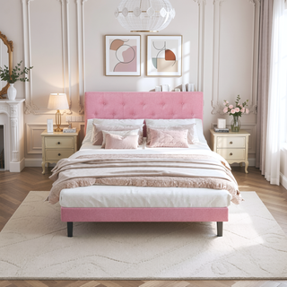 Sunvega Modern Upholstered Platform Bed Frame with Button Tufted Linen Headboard