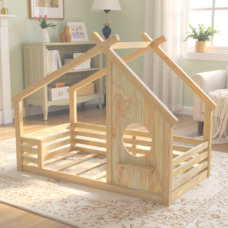 Sunvega White Twin House Floor Bed with Window and Shelf for Kids Room