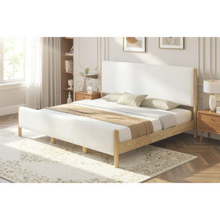 Sunvega Modern White Boucle Upholstered Bed with Rubberwood Legs for King Size