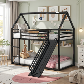 Sunvega Twin over Twin House Bunk Bed with Ladder and Slide in White