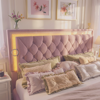 Sunvega Queen Size Upholstered Velvet Bed Frame with LED Lights and Tufted Headboard
