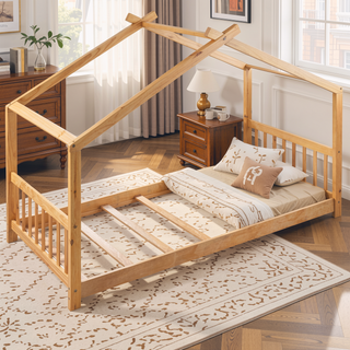 Sunvega Natural Wood Full Size House Platform Bed with Two Storage Drawers
