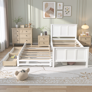 Sunvega Twin Size White Platform Bed with Trundle and Two Drawers for Storage