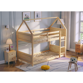 Sunvega Twin Over Twin Wooden House Bunk Bed with Headboards Footboards Guardrails Ladder