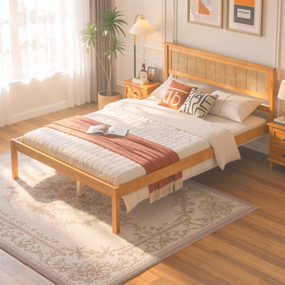 Sunvega Sturdy Wood Platform Bed Frame with Headboard for Queen Size Oak Finish