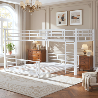 Sunvega L-Shaped Metal Twin Over Full Bunk Bed with Guard Rails