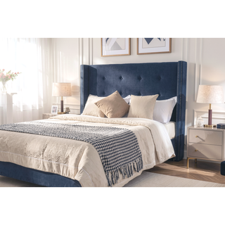 Sunvega Blue Velvet King Bed with Nailhead Trim Wingback and Buttoned Tufting