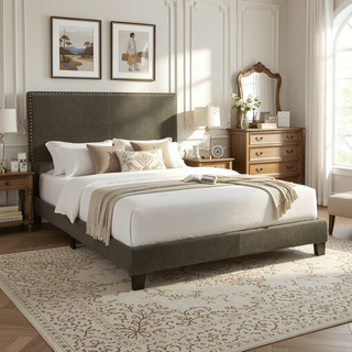 Sunvega Guyancourt Charcoal Upholstered Eastern King Panel Bed with Nailhead Trim