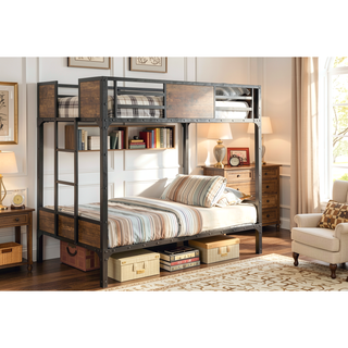 Sunvega Industrial Black Metal Bunk Bed With Wood Panels And Attached Ladder