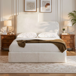 Sunvega Pearl White Chenille Upholstered King Bed with 52 Inch Tall Headboard
