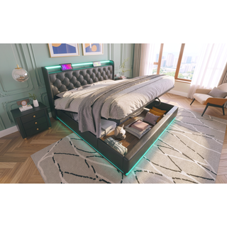 Sunvega Full Size Upholstered Bed with 360 LED Lighting Hydraulic Storage and USB Charging
