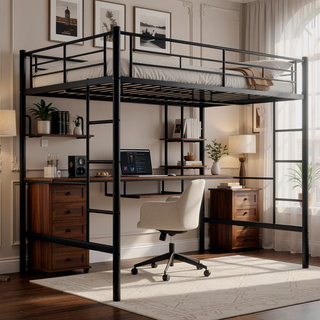 Sunvega Full Loft Bed with Desk and Shelf, Space Saving Design in Black