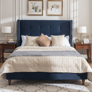 Sunvega Blue Velvet King Bed with Nailhead Trim Wingback and Buttoned Tufting
