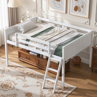 Sunvega White Full Size Low Loft Wood Bed with Convertible Left or Right Ladder