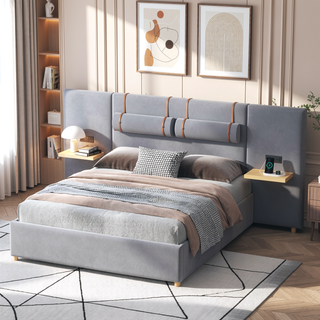 Sunvega Queen Upholstered Velvet Platform Bed with USB Ports and Storage Shelves