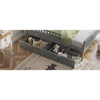 Sunvega Twin Size Walnut Wood Platform Bed with Guardrails and Two Storage Drawers