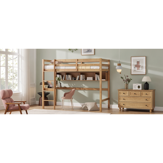 Sunvega Pink Rubber Wood Twin High Loft Bed with Safety Guardrail and Built-in Desk