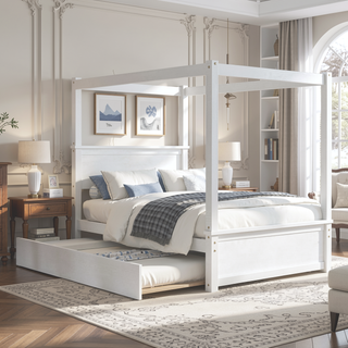 Sunvega Modern Wooden Canopy Bed with Trundle and Brushed White Finish