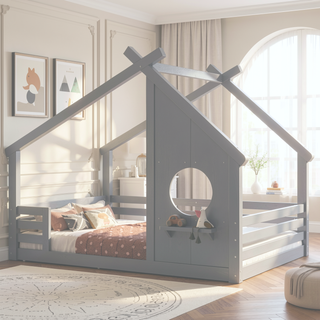 Sunvega White Twin House Floor Bed with Window and Shelf for Kids Room