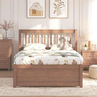 Sunvega Modern Walnut Twin Size Platform Bed Frame with Trundle for Space Saving