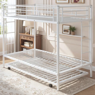Sunvega Twin over Twin Bunk Bed with Trundle in White for Small Spaces