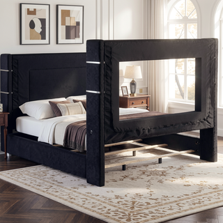 Sunvega Queen Size Upholstered Wingback Panel Bed with Black Corduroy and Flame Box