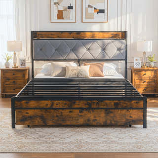 Sunvega King Bed Frame with Storage Headboard LED Lights and USB Charging Station