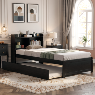 Sunvega White Twin Trundle Bed with Storage Headboard and Bookcase