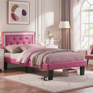 Sunvega Pink Faux Leather Upholstered Full Size Bed with Tufted Headboard